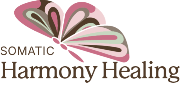 A pink and green butterfly with Somatic Harmony Healing written underneath