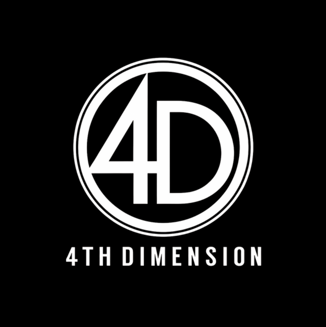 Black background with text all in white, 4D in a circle with 4th Dimension written below